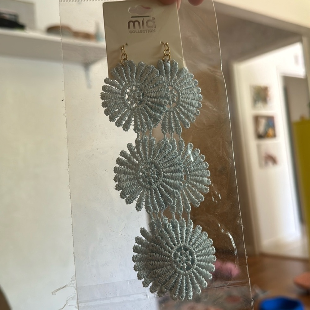 Mia Collection Blue Lace Floral Dangle Earrings Costume Jewelry - Picture 2 of 3
